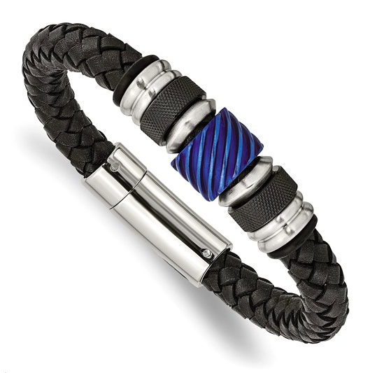 Stainless Steel Black and Blue IP-plated Black Braided Leather bracelet