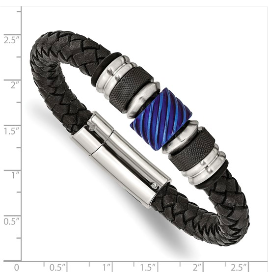 Stainless Steel Black and Blue IP-plated Black Braided Leather bracelet