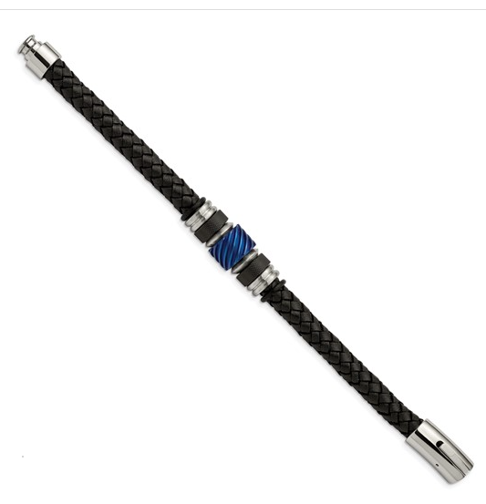 Stainless Steel Black and Blue IP-plated Black Braided Leather bracelet